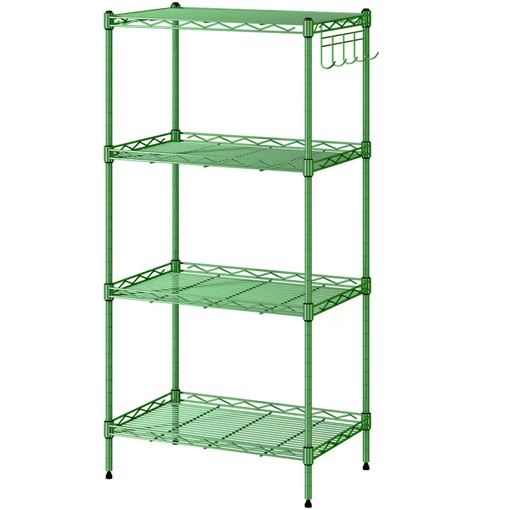 Heavy-Duty 4-Tier Adjustable Storage Rack with Hooks 24x14x35 Inches - Kitchen Organizer & Bathroom Shelf for Home Organization