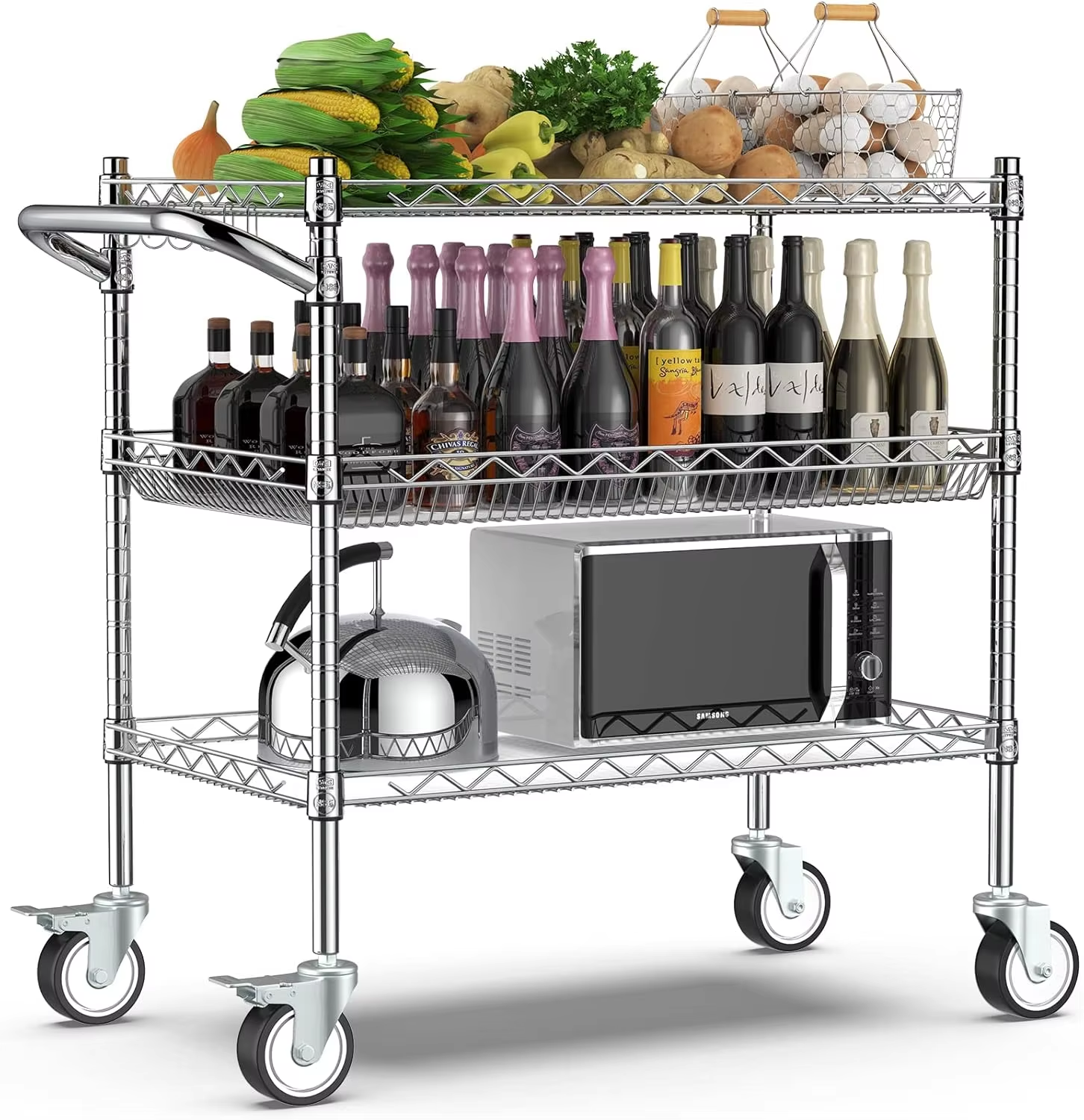 Chrome Plated Heavy-duty Commercial Grade Stainless Steel 3-TIer Wire Rack Vehicle Approved by NSF Suitable for Garage Kitchens