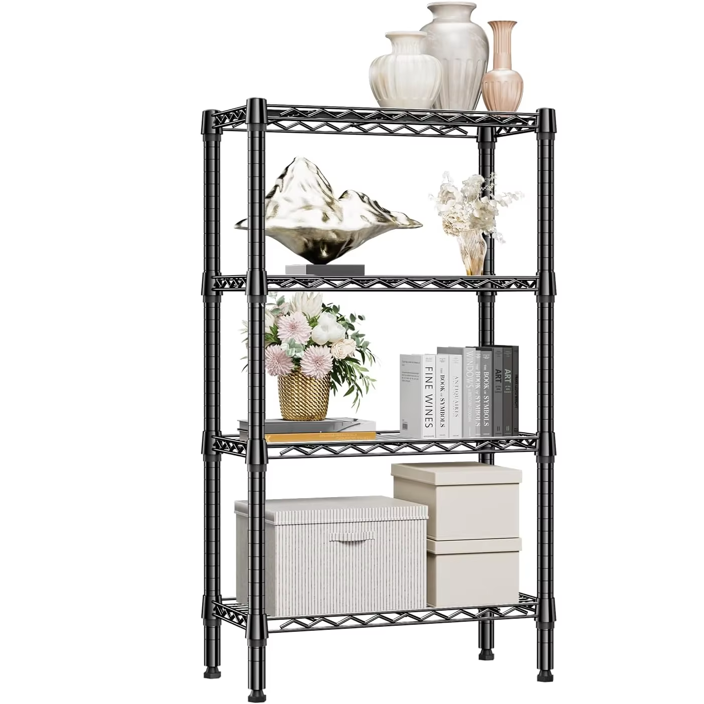 Metal Storage Rack Four-Layer Adjustable Living Room Organizer with Shelves H24xW14xD90 for Kitchen Bathroom Home Organization