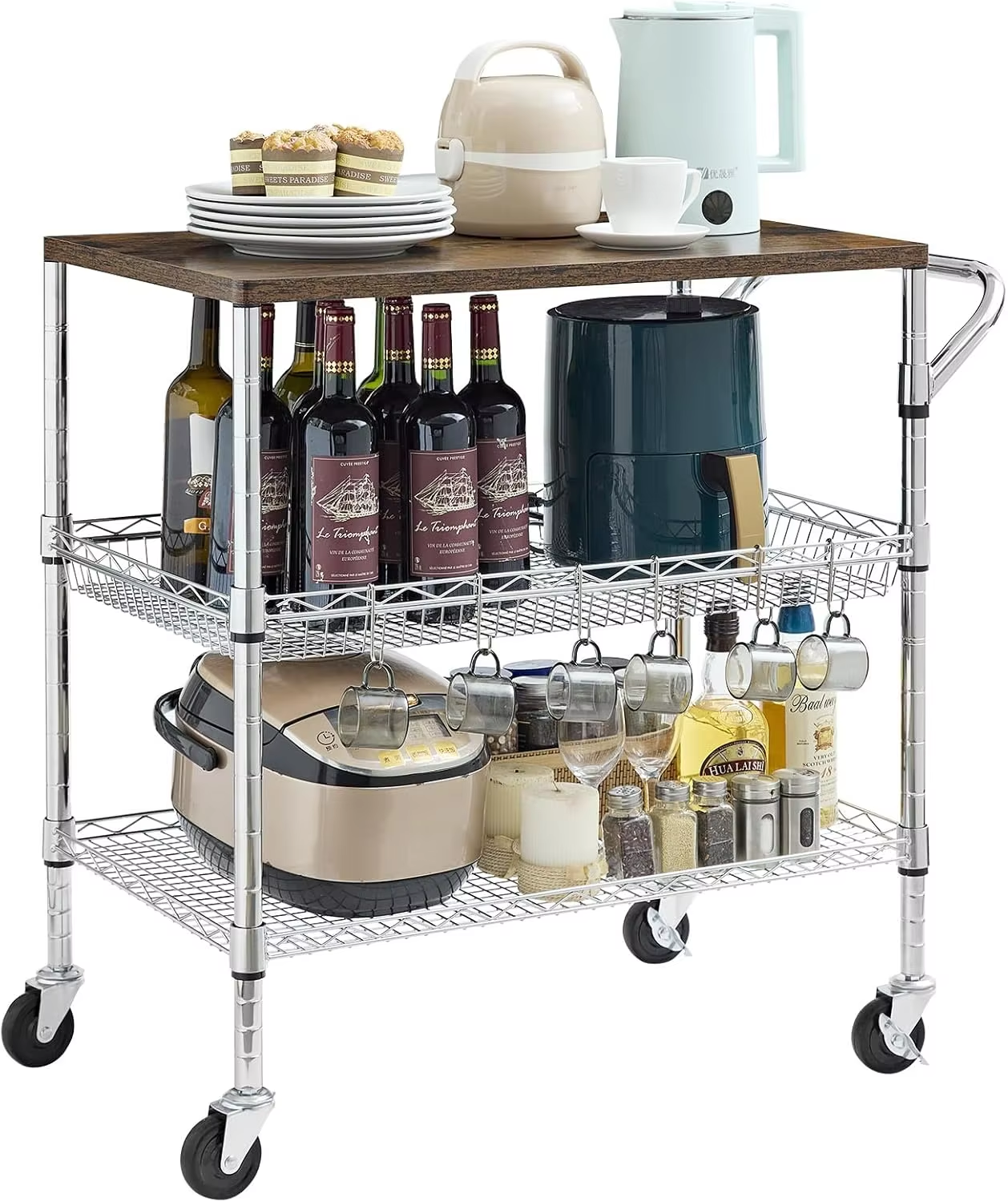 3 - Tier Rolling Utility Cart Kitchen Metal Utility Cart With Handle and Wooden Board Practical Shelving Food Cart for Storage
