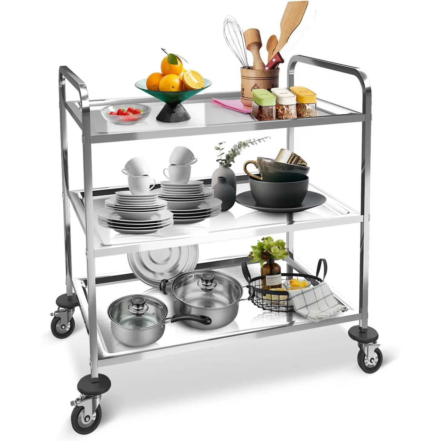3-Layer Kitchen Storage Trolley with Wheels Adjustable Chrome Rack for Vegetables 30x18x36inch Spice Organizer Durable Shelving