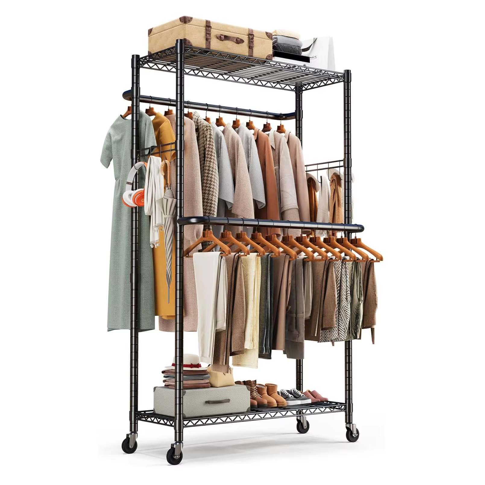 Black Heavy-duty Stainless Steel Two-way High-low Clothes Rack With Side Hooks Suitable for Bedrooms Hotels and Shopping Malls