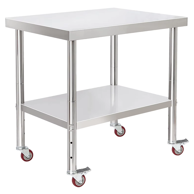 2-layer Stainless Steel Adjustable Workbench With Casters Suitable for Kitchens Restaurants Workshops Garages and Warehouses