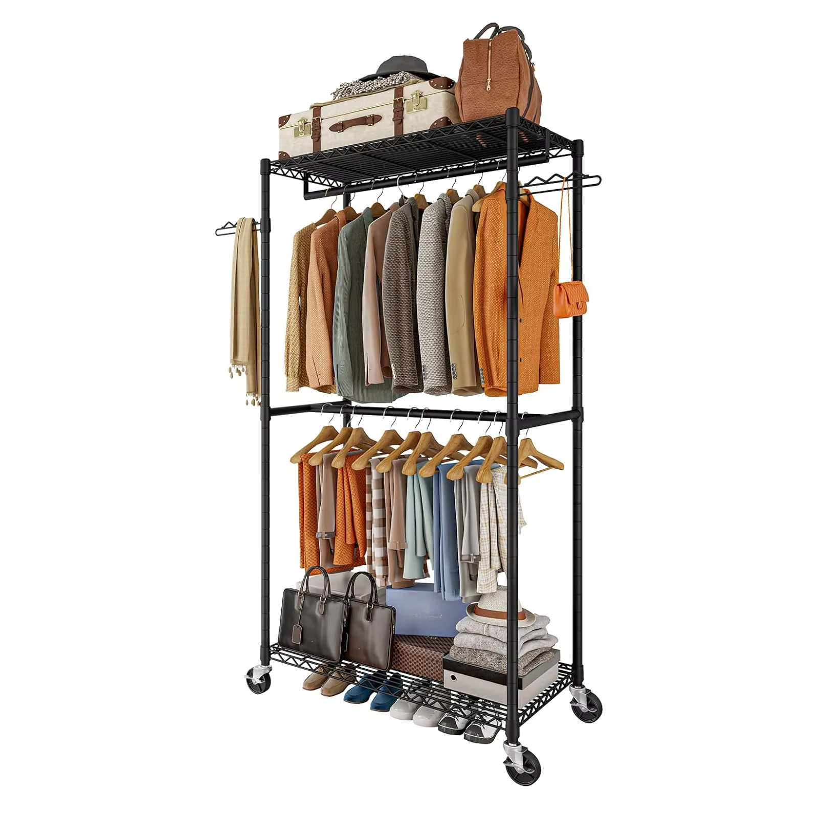 Metal Wardrobe Organizer Portable Clothes Hanger 36inch with Two Racks & Hanging Rods for Bedroom Bathroom Shopping Mall Storage