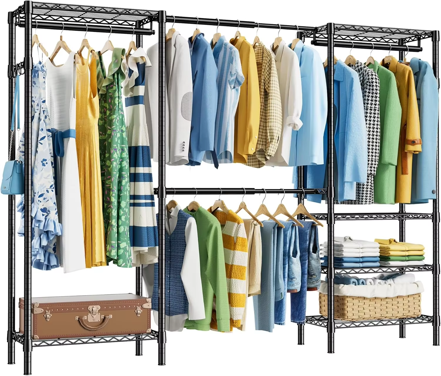 Black Heavy-duty Storage Rack 6-Tier Metal Clothes Hanger with Side Hooks for Home Bedroom Hotel Organization Storage Racks