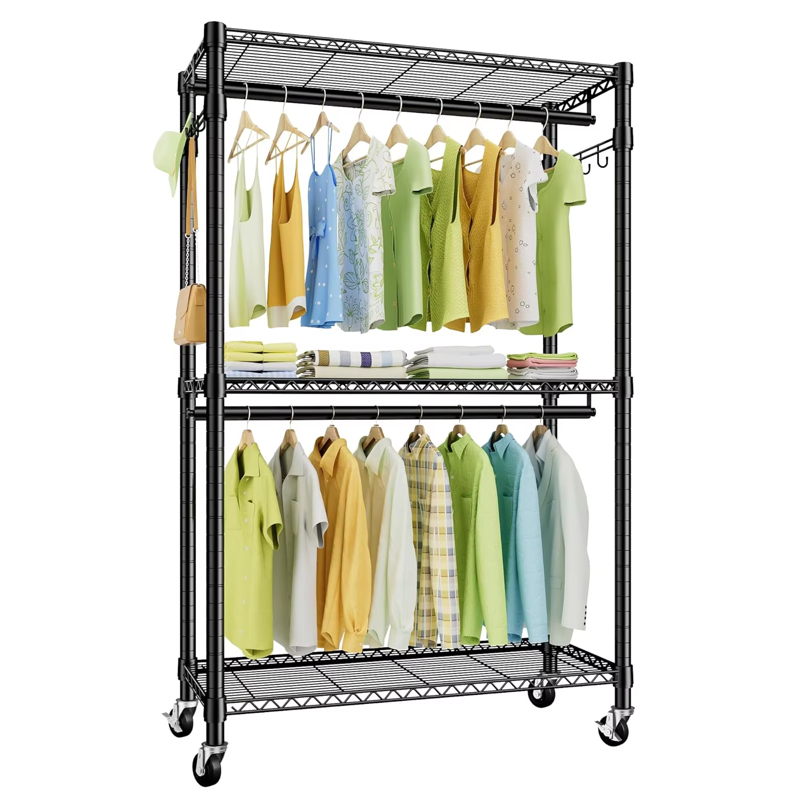 36-inch Heavy-Duty Wardrobe Cloth Hanger Rack with Wheels & Side Hooks Metal Storage Organizer for Closet Clothes Hanging