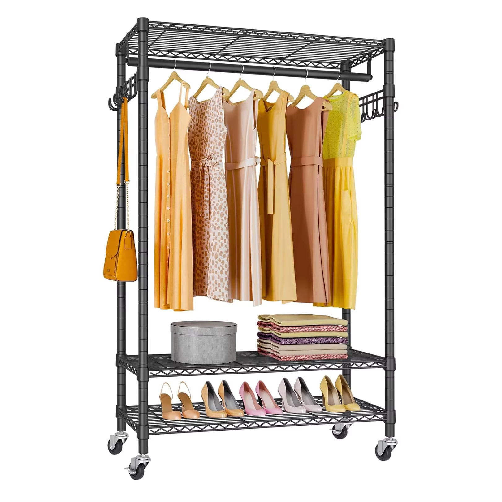 Stainless Steel Clothes Hanger with Wheels 18Wx42L 500lbs Storage Rack Organizer with 8 Hooks for Home Closet Commercial Use